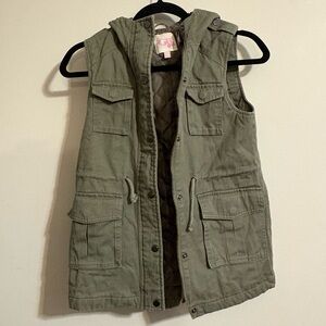 Gianni Bini GB Girls SZ 14-16 Olive Green Vest w/Hood pockets zip button closure